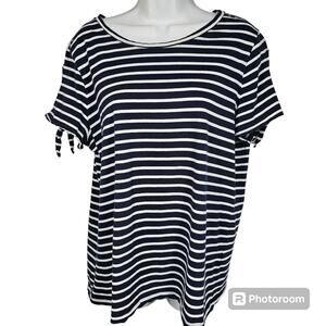 Nautica Navy & White Striped Cotton Tee Shirt w/Sleeve Cut-Outs & Tie Women's XL
